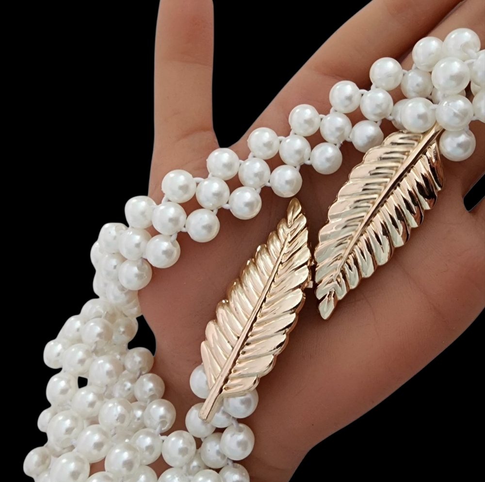 Y2K pearl belt gold leaf buckle white pearl beads vintage elastic expandable - Picture 3 of 14
